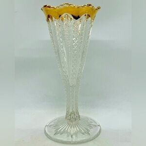 EAPG Duncan & Sons Co. #42 Antique Glass Mardi Gras Trumpet Vase w/ Gold Rim
